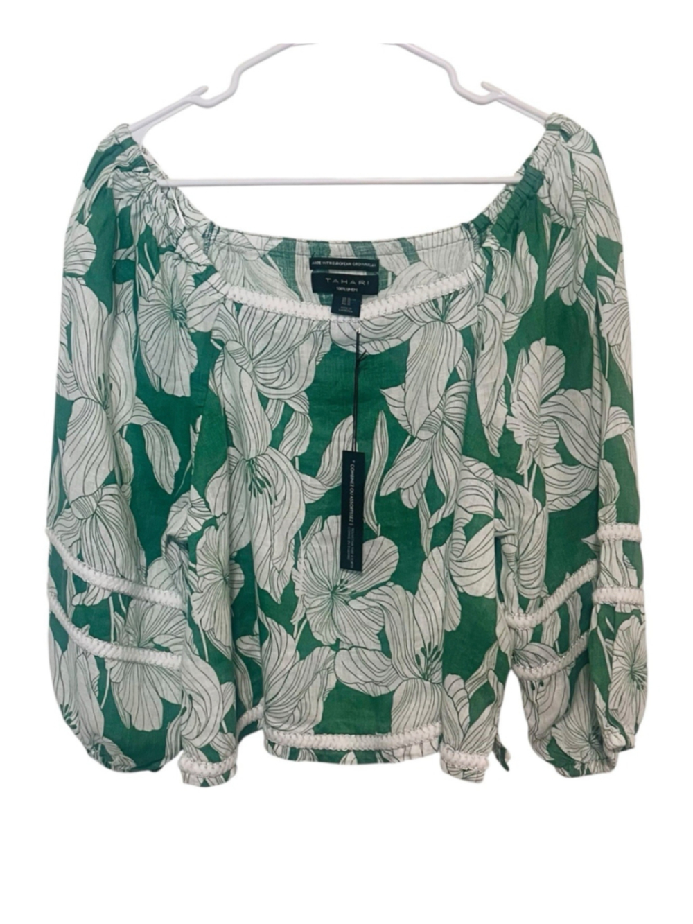 NWT Tahari 100% Linen Floral Blouse Women’s XL Green White Peasant Boho Top